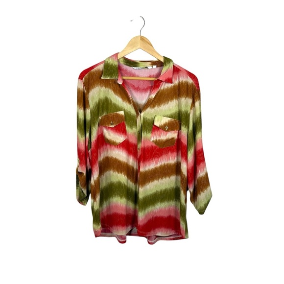 Emily Daniels Women’s Button Metallic Roll Tab Blouse Pink/Green/Brown Size XL - Picture 1 of 12